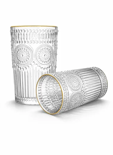 6Pcs Transparent Round Glass Cups with Sturdy Base &amp; Smooth Gold Rim for Beverages