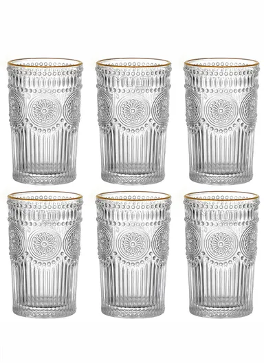 6Pcs Transparent Round Glass Cups with Sturdy Base &amp; Smooth Gold Rim for Beverages