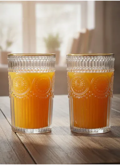 6Pcs Transparent Round Glass Cups with Sturdy Base &amp; Smooth Gold Rim for Beverages