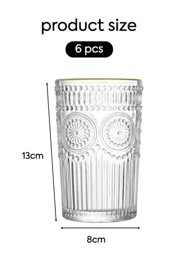6Pcs Transparent Round Glass Cups with Sturdy Base &amp; Smooth Gold Rim for Beverages