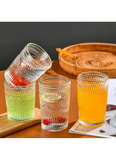 6Pcs Transparent Round Glass Cups with Sturdy Base &amp; Smooth Gold Rim for Beverages