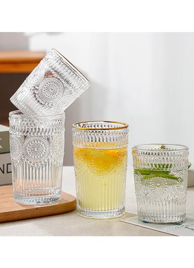 6Pcs Transparent Round Glass Cups with Sturdy Base &amp; Smooth Gold Rim for Beverages