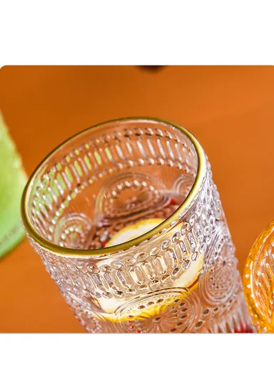 6Pcs Transparent Round Glass Cups with Sturdy Base &amp; Smooth Gold Rim for Beverages