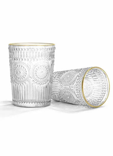 6Pcs Transparent Round Glass Cups with Sturdy Base &amp; Smooth Gold Rim for Beverages 