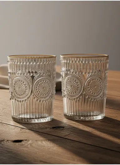 6Pcs Transparent Round Glass Cups with Sturdy Base &amp; Smooth Gold Rim for Beverages 