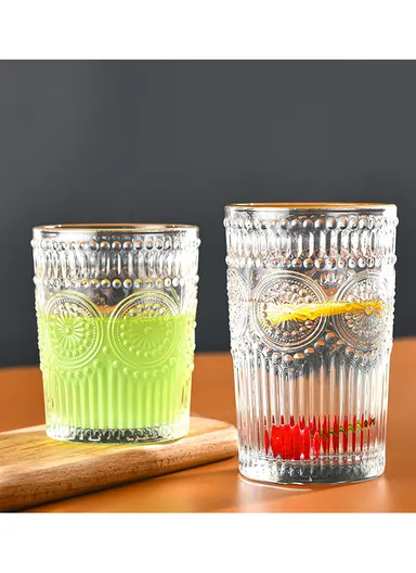 6Pcs Transparent Round Glass Cups with Sturdy Base &amp; Smooth Gold Rim for Beverages 