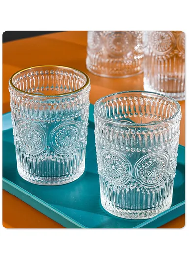 6Pcs Transparent Round Glass Cups with Sturdy Base &amp; Smooth Gold Rim for Beverages 