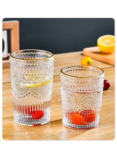 6Pcs Transparent Round Glass Cups with Sturdy Base &amp; Smooth Gold Rim for Beverages 