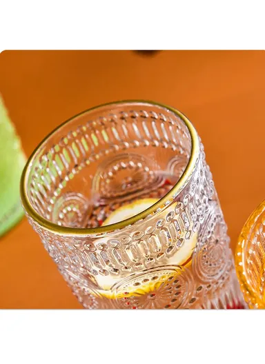 6Pcs Transparent Round Glass Cups with Sturdy Base &amp; Smooth Gold Rim for Beverages 