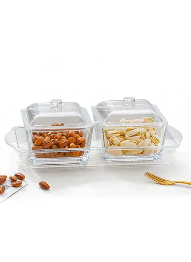 Glass Sugar Bowl Set with Lids, Transparent Storage Jars with Tray for Sugar, Spices &amp; Condiments AIZLV738