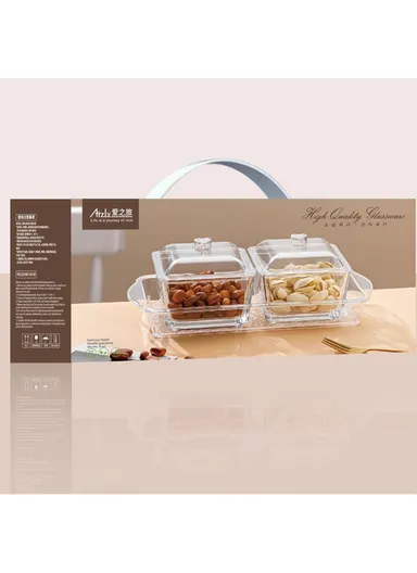 Glass Sugar Bowl Set with Lids, Transparent Storage Jars with Tray for Sugar, Spices &amp; Condiments AIZLV738