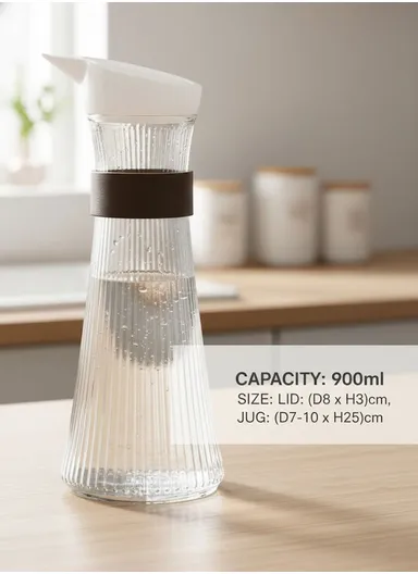 900ml Glass Jug with Spill-Resistant Plastic Lid, Clear Beverage Pitcher for Water, Juice &amp; Cold Drinks