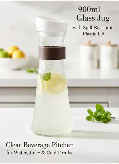 900ml Glass Jug with Spill-Resistant Plastic Lid, Clear Beverage Pitcher for Water, Juice &amp; Cold Drinks
