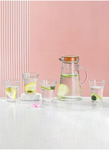 240ml 5 Pcs Luxurious Set Transparent Glass Cup With 1.2L Glass Jug &amp; Plastic Lid