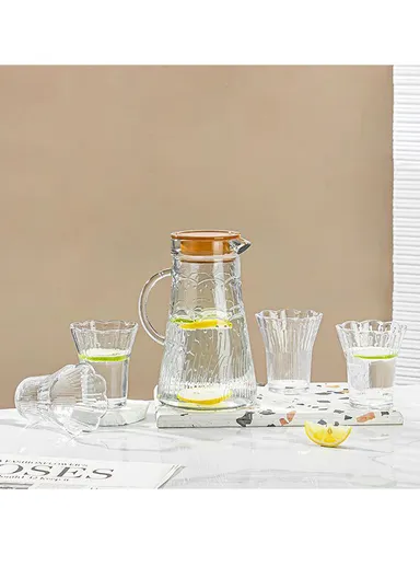 240ml 5 Pcs Luxurious Set Transparent Glass Cup With 1.2L Glass Jug &amp; Plastic Lid