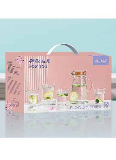 240ml 5 Pcs Luxurious Set Transparent Glass Cup With 1.2L Glass Jug &amp; Plastic Lid