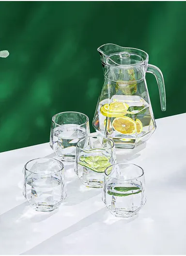 6-Pcs Luxurious Round Glass Cups With 1L Glass Jug &amp; Plastic Lid