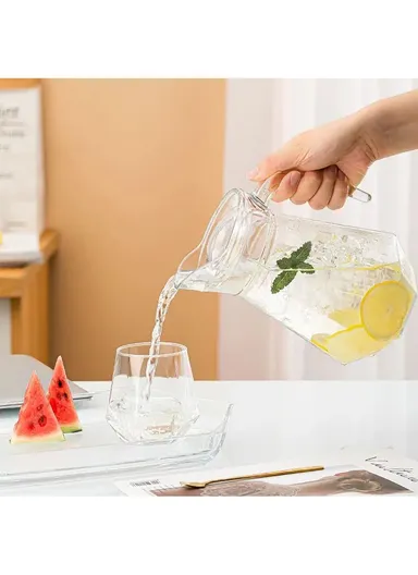 6-Pcs Luxurious Round Glass Cups With 1L Glass Jug &amp; Plastic Lid