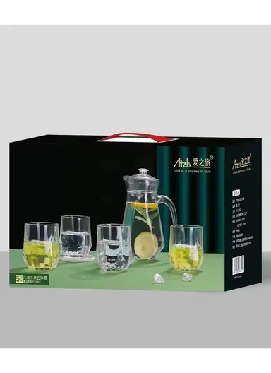 6-Pcs Luxurious Round Glass Cups With 1L Glass Jug &amp; Plastic Lid