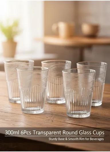 300ml 6Pcs Transparent Round Glass Cups with Sturdy Base &amp; Smooth Rim for Beverages