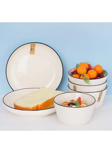 6Pcs Glazed Ceramic Plate &amp; Bowl Set – Scratch-Resistant, Easy-Clean &amp; Stackable Design
