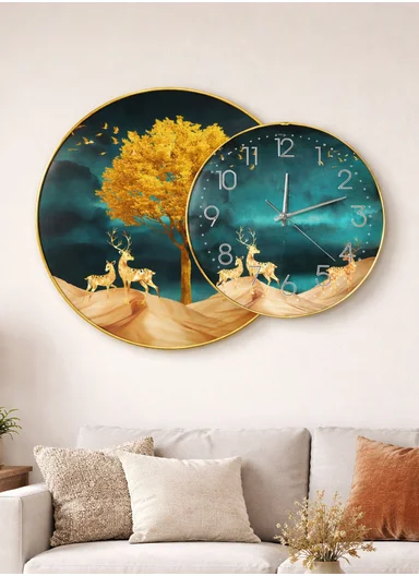 2-Pieces Gold Frame Wall Clock Silent Ticking &amp; Decorative Art Set
