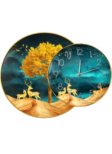 2-Pieces Gold Frame Wall Clock Silent Ticking &amp; Decorative Art Set
