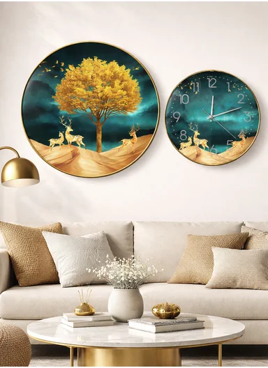 2-Pieces Gold Frame Wall Clock Silent Ticking &amp; Decorative Art Set