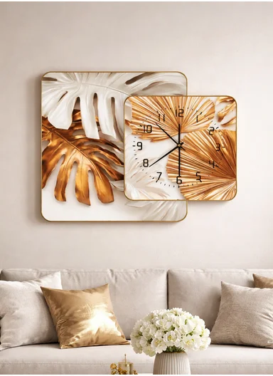 2-Pieces Modern Leaf Decorative Set With Wall Clock Silent Ticking - Gold