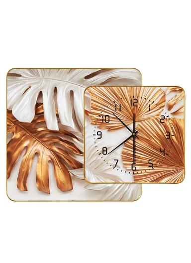 2-Pieces Modern Leaf Decorative Set With Wall Clock Silent Ticking - Gold