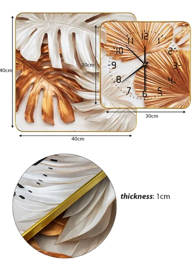 2-Pieces Modern Leaf Decorative Set With Wall Clock Silent Ticking - Gold