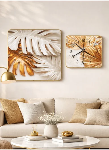 2-Pieces Modern Leaf Decorative Set With Wall Clock Silent Ticking - Gold