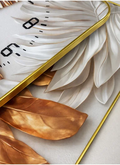 2-Pieces Modern Leaf Decorative Set With Wall Clock Silent Ticking - Gold