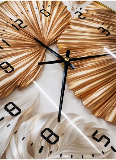 2-Pieces Modern Leaf Decorative Set With Wall Clock Silent Ticking - Gold