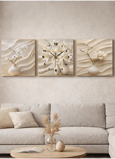 3-Pieces Elegant Frameless Wall Art &amp; Clock Set With Abstract Floral Texture (L40 × W40 x T1)cm - Beige