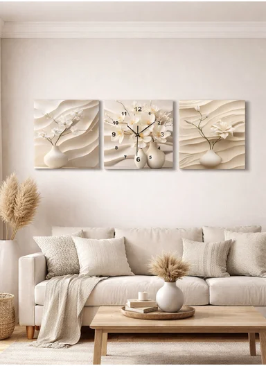 3-Pieces Elegant Frameless Wall Art &amp; Clock Set With Abstract Floral Texture (L40 × W40 x T1)cm - Beige