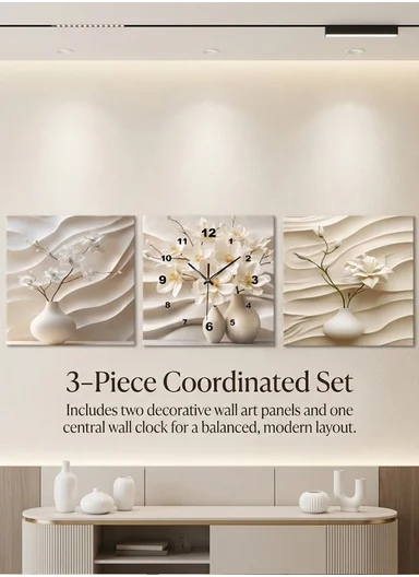 3-Pieces Elegant Frameless Wall Art &amp; Clock Set With Abstract Floral Texture (L40 × W40 x T1)cm - Beige
