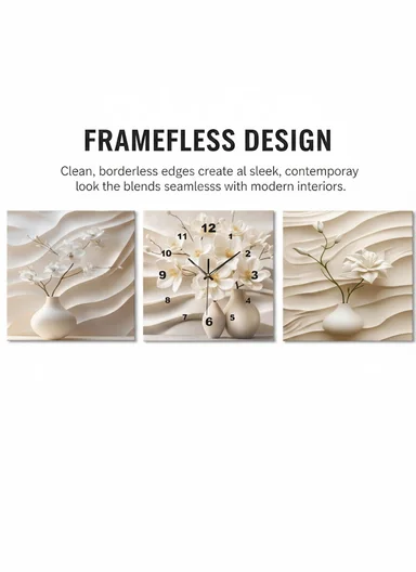 3-Pieces Elegant Frameless Wall Art &amp; Clock Set With Abstract Floral Texture (L40 × W40 x T1)cm - Beige