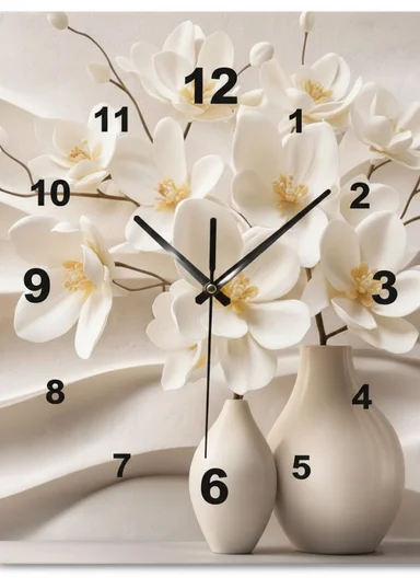 3-Pieces Elegant Frameless Wall Art &amp; Clock Set With Abstract Floral Texture (L40 × W40 x T1)cm - Beige