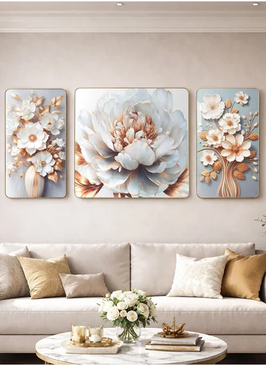 3‑Pieces Elegant White Flower Wall Art Panels With Gold Accents