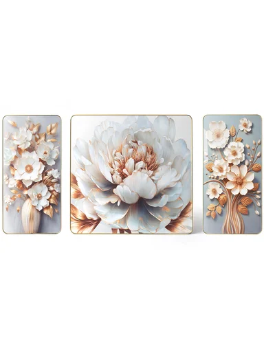 3‑Pieces Elegant White Flower Wall Art Panels With Gold Accents