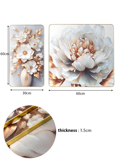 3‑Pieces Elegant White Flower Wall Art Panels With Gold Accents