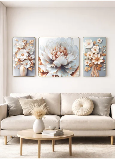 3‑Pieces Elegant White Flower Wall Art Panels With Gold Accents