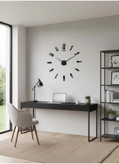 120cm Decorative 3D DIY Wall Clock, Frameless Layout with Classic Timekeeping Movement – Black