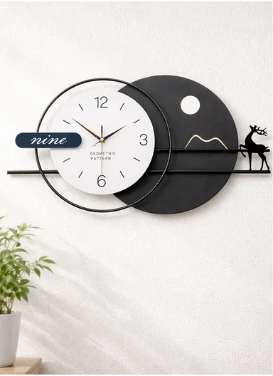Modern Deer &amp; Moon Design Wall Clock With Silent Quartz Movement (W80 x H38)cm BF538 - Black