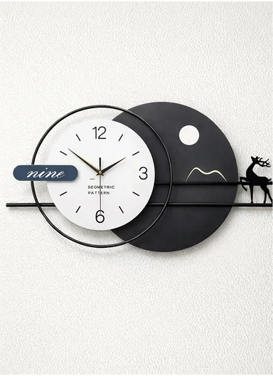 Modern Deer &amp; Moon Design Wall Clock With Silent Quartz Movement (W80 x H38)cm BF538 - Black