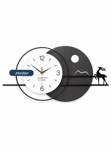 Modern Deer &amp; Moon Design Wall Clock With Silent Quartz Movement (W80 x H38)cm BF538 - Black