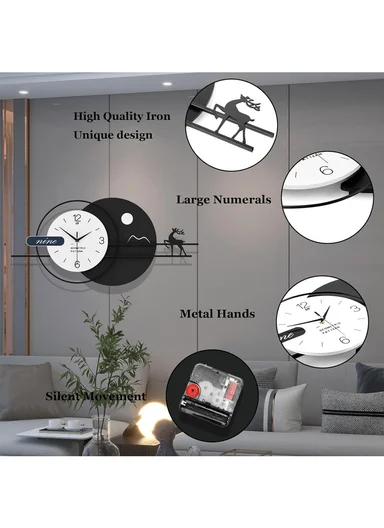 Modern Deer &amp; Moon Design Wall Clock With Silent Quartz Movement (W80 x H38)cm BF538 - Black