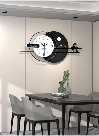 Modern Deer &amp; Moon Design Wall Clock With Silent Quartz Movement (W80 x H38)cm BF538 - Black