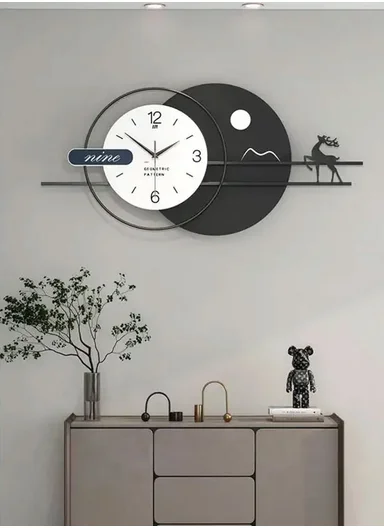 Modern Deer &amp; Moon Design Wall Clock With Silent Quartz Movement (W80 x H38)cm BF538 - Black